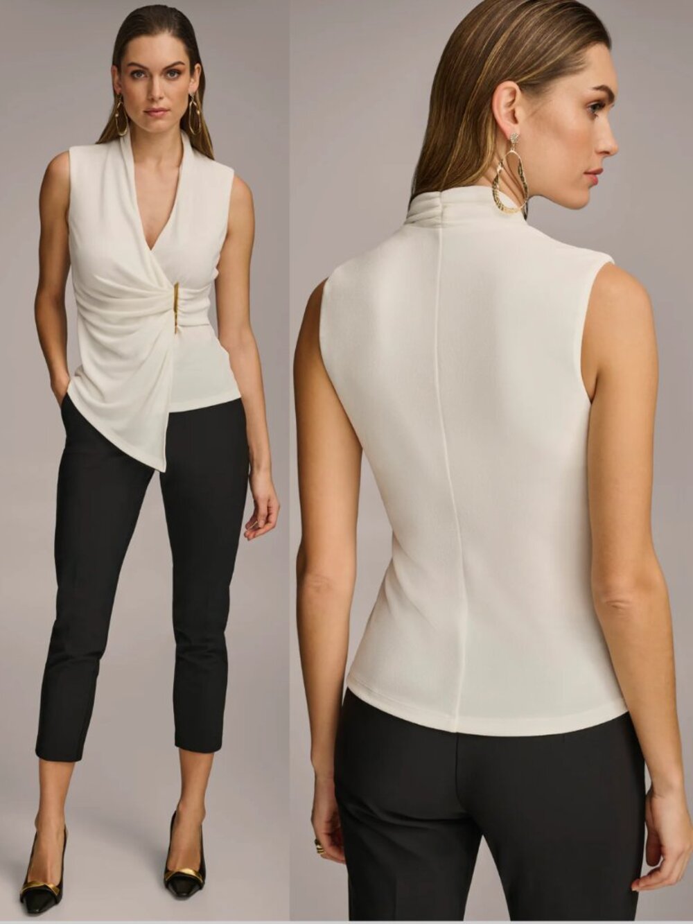 DONNA KARAN Draped Cream Sleeveless Top Minimalist Office Chic Professional M